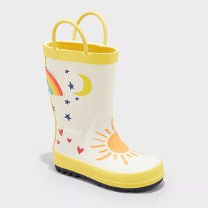 Kids Yellow & White Rain Boots with Sun and Rainbow Print